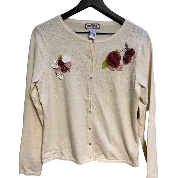 Tiara international cream cardigan beaded with floral appliqué - Picture 1 of 10